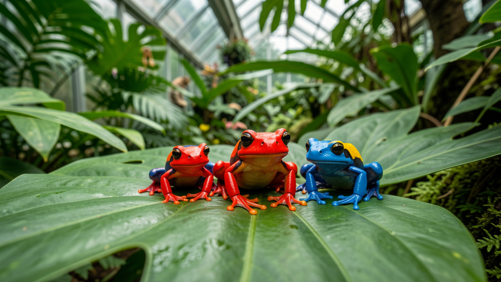 Colorful poison dart frogs in tropical greenhouse exhibit